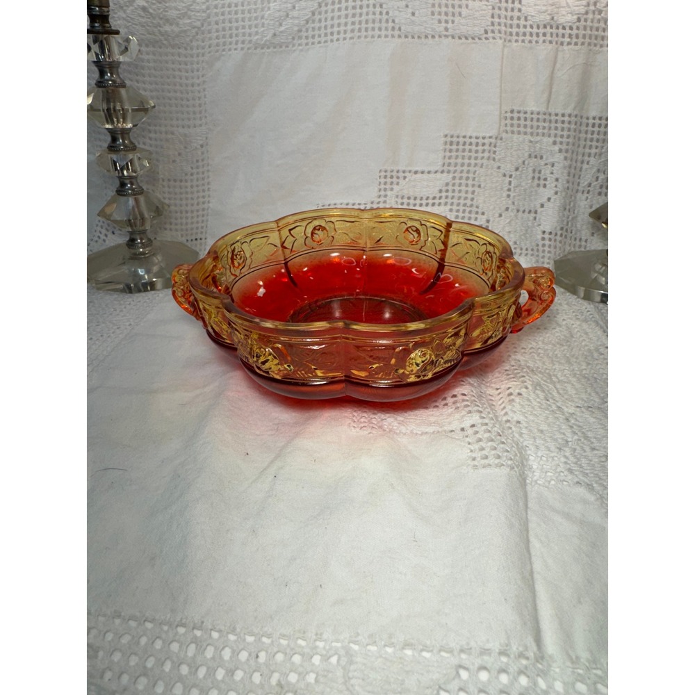 Vintage Jeannette Glass Aztec Rose Candy Dish Red Amberina Two Handle Bowl
